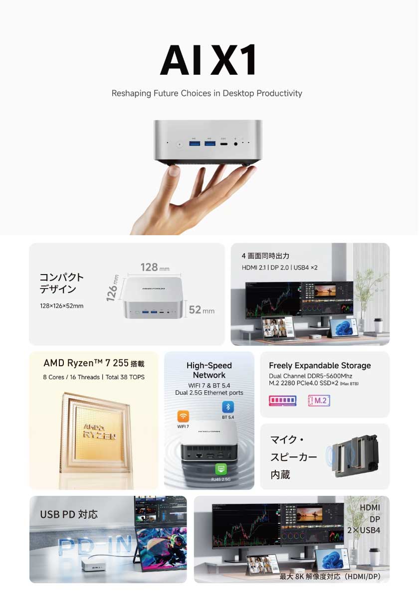 MINISFORUM ミニPC AI X1-255 メモリ32GB ストレージ1TB AMD Ryzen 7