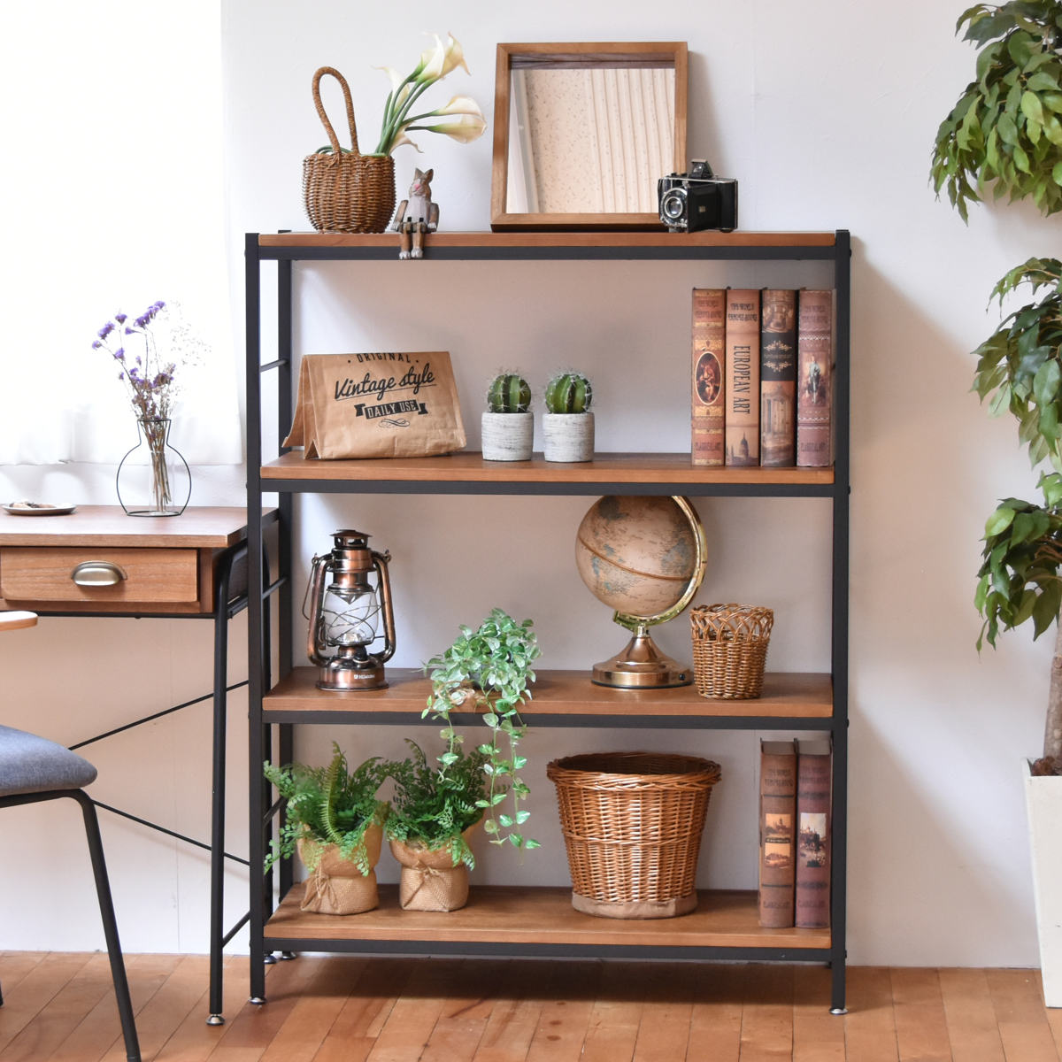 楽天市場】オープンラック 4段 ヴィンテージ調 天然木棚板 幅90cm