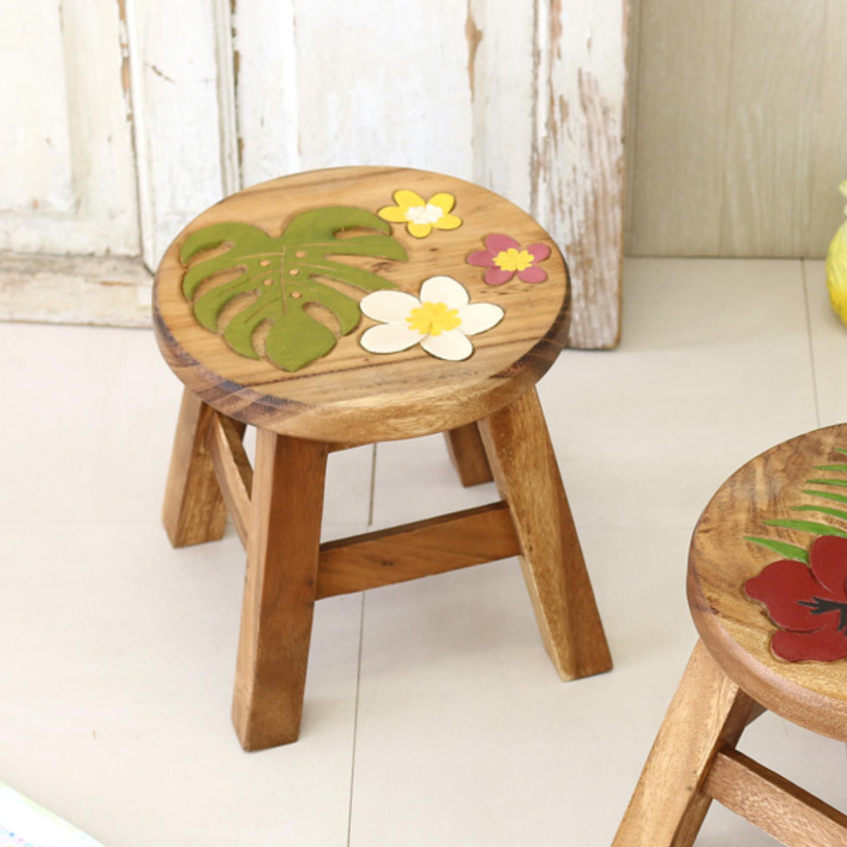 楽天市場】ラウンドスツール 2脚セット モンステラ＆プルメリア 木製