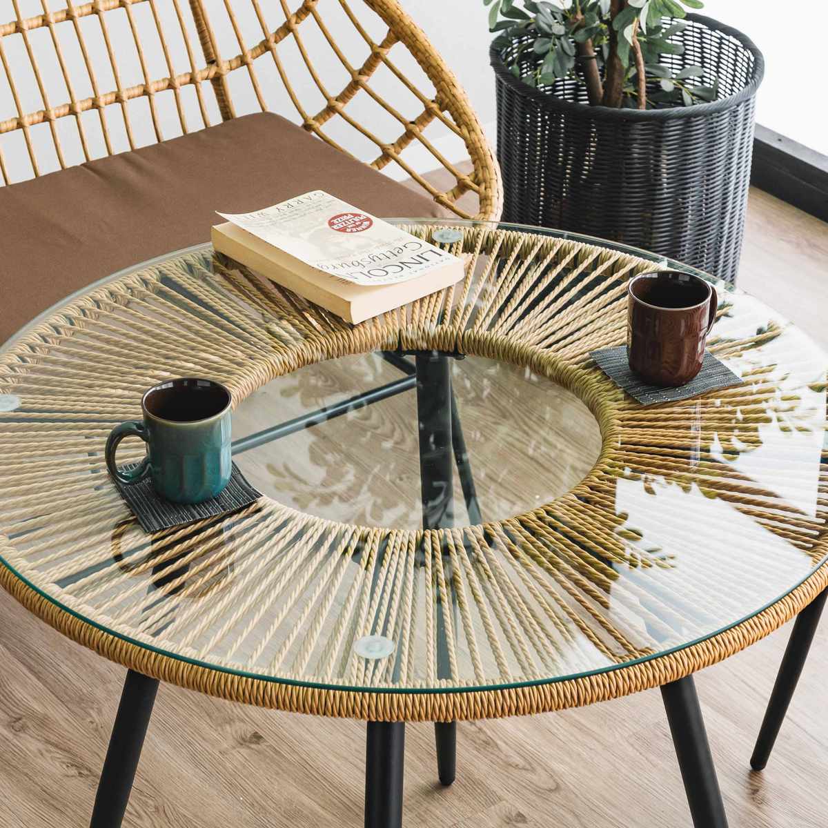 楽天市場】カフェテーブル 直径80cm ラタン調 ガラス マーレ