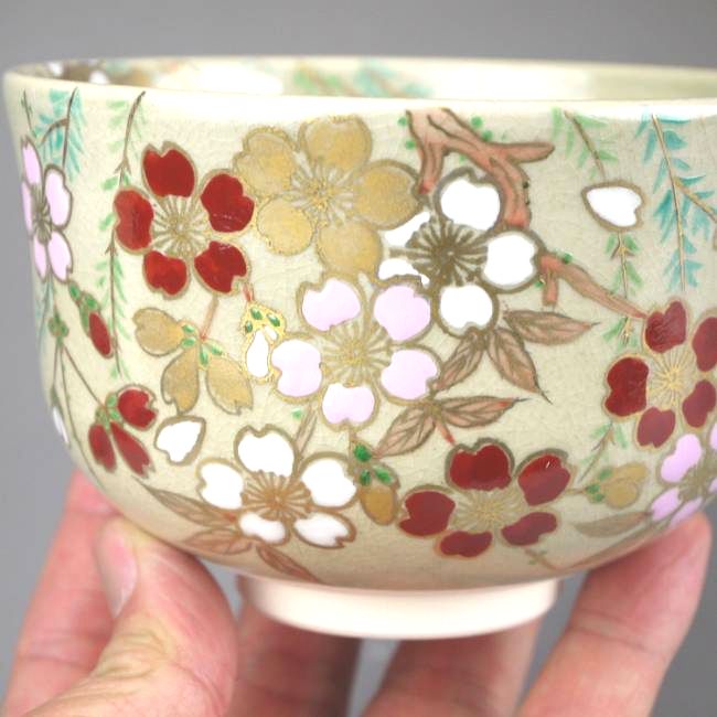 柳に桜抹茶茶碗 如山 - 京焼清水焼 松韻堂