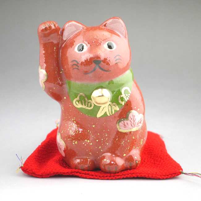 楽焼置物 招き猫 松竹梅赤 楽入 - 京焼清水焼 松韻堂