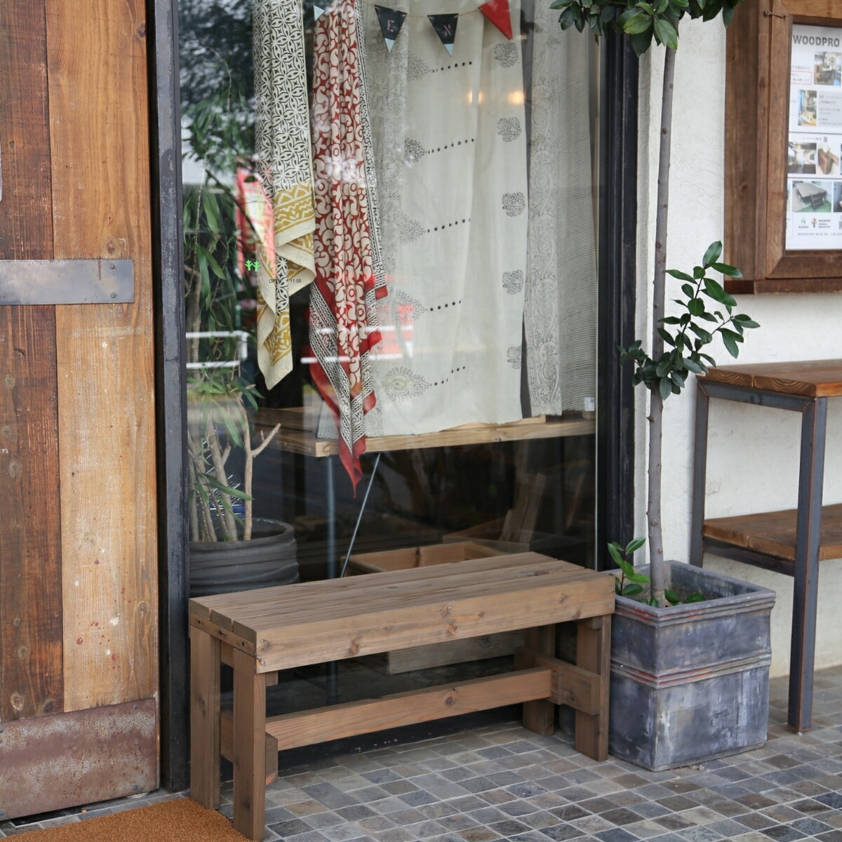 屋外 ガーデン ベンチ 木製 幅91cm×奥行31cm×高さ42.7cm(花台棚板