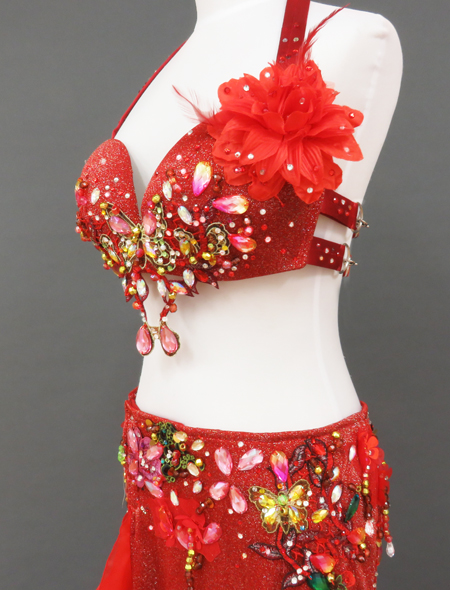 ベリーダンス衣装】鮮やかな赤×きらびやかラメ☆花コサージュで華やか