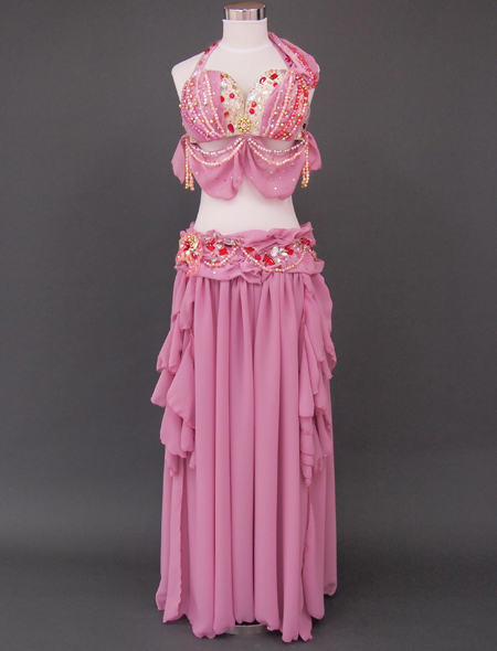 ベリーダンス衣装】鮮やかなピンク/ブラのドレープやフリルはまるで