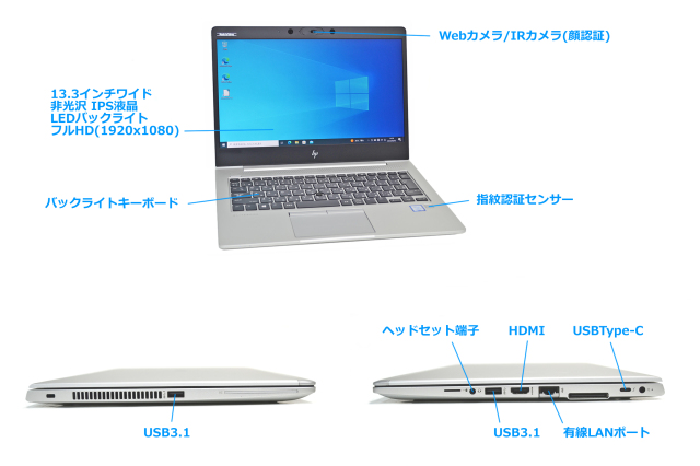 顔認証 Webカメラ フルHD HP EliteBook 830 G5 Core i5 7200U m