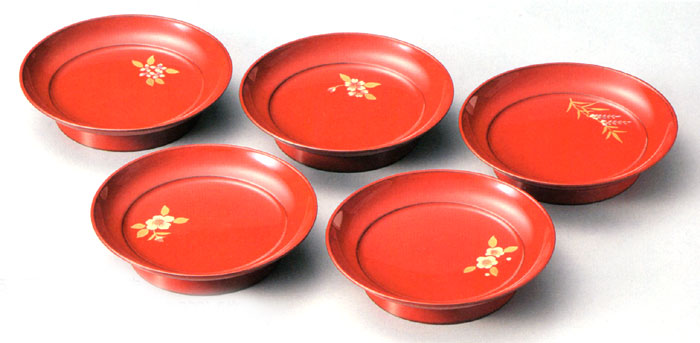 椿皿 五草花 朱 5枚セット 漆塗り 取り皿・小皿（製造中止） 漆器の井助