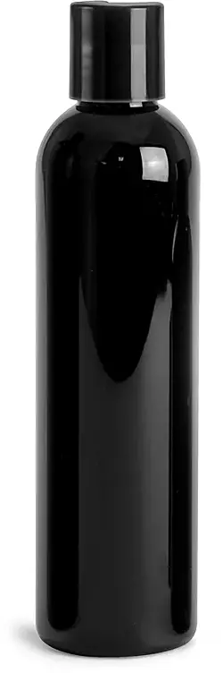 8 oz Black PET Cosmo Round Bottles w/ Black Disc Top Caps | SKS