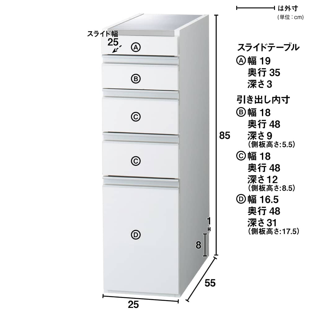 幅25奥行55高さ85cm］ダブルステンレス天板隙間収納庫 日本製 光沢