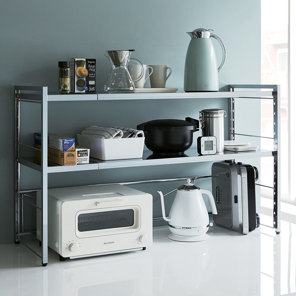 調理家電が置ける頑丈ステンレス伸縮天板ラック 2段ワイドタイプ 通販