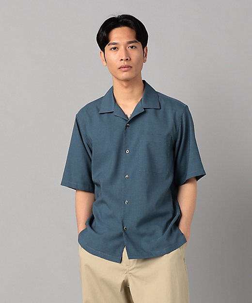 リネンライクストレッチ オープンカラー半袖シャツ （0720IK07