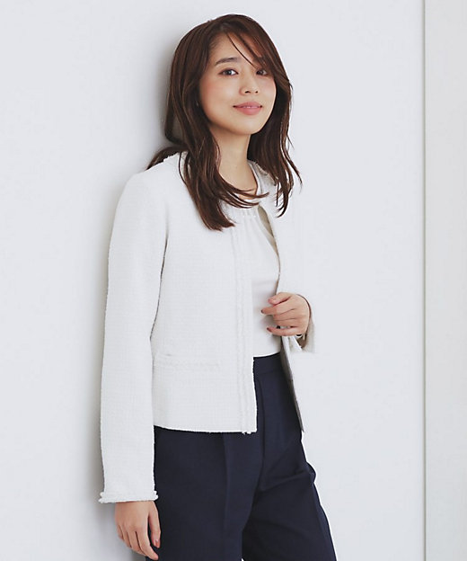 通勤・セレモニー／セットアップ対応＞ノーカラーツイードジャケット