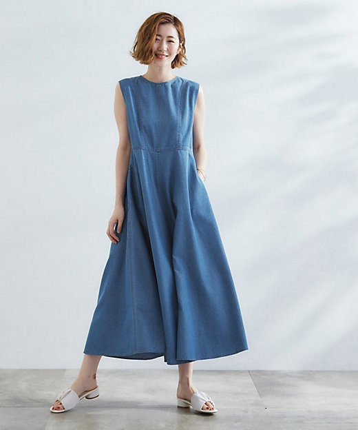 すっきり見え 軽やかデニムノースリーブワンピース