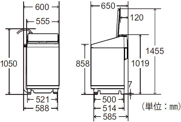タテ型洗濯乾燥機（ES-PU11B／ES-PU11C）｜本体寸法図/寸法図の見方