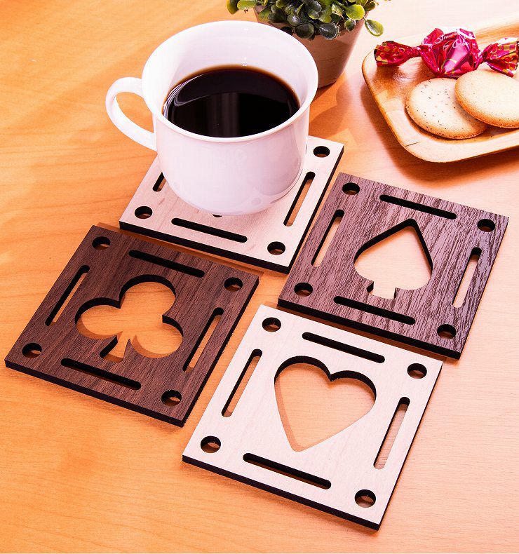 コースター 4枚セット 木製 2カラー トランプ四角 コースター022