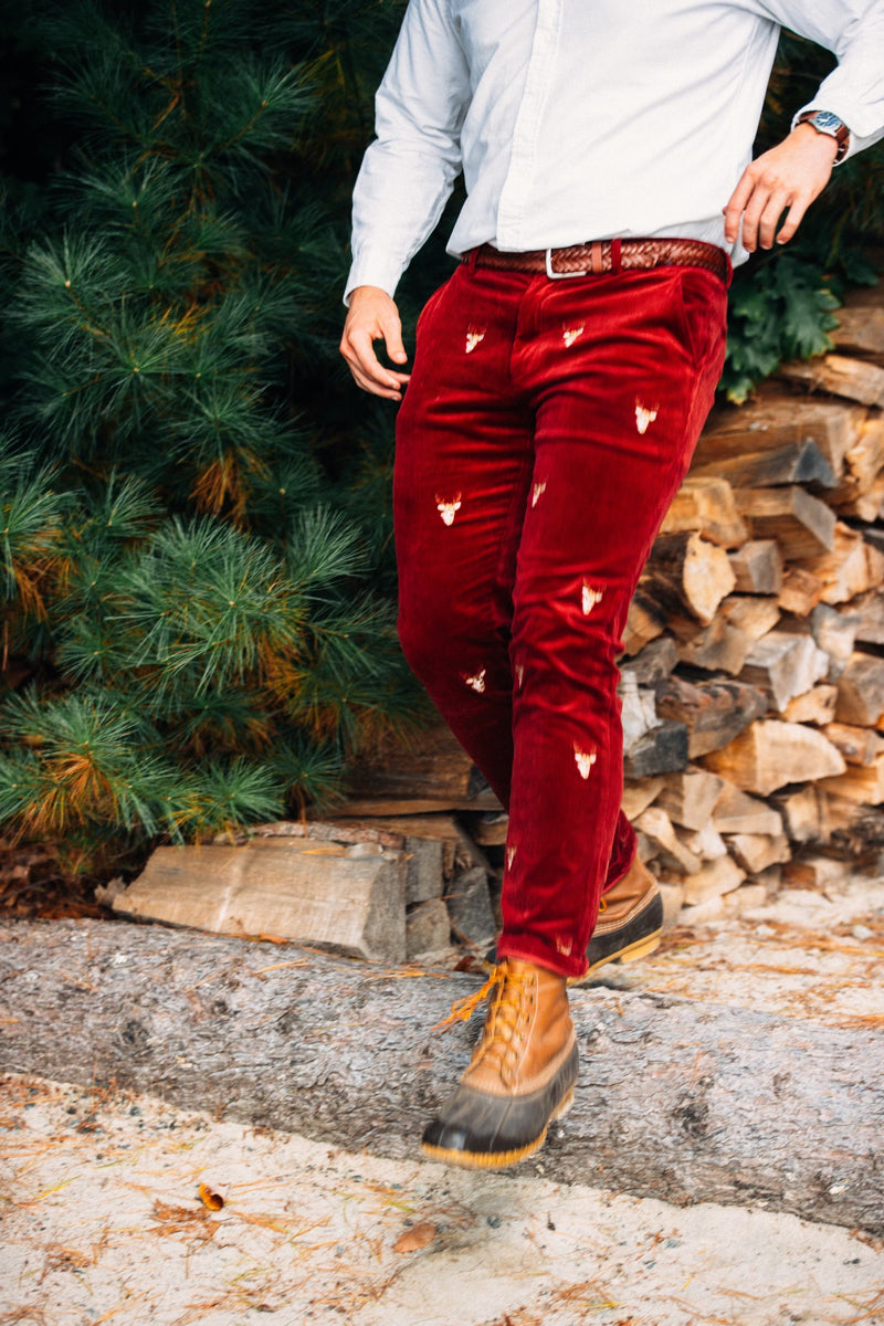 KJP Men's Rustic Stag Embroidered Corduroy Pant in Maroon – Kiel