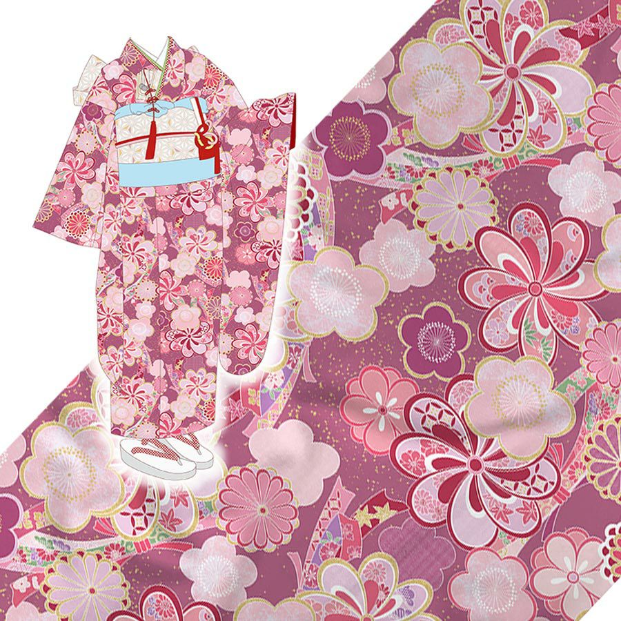 着物用洗える生地 束ねのしに和花(ピンク) 1反売り(約12m) |生地 和柄