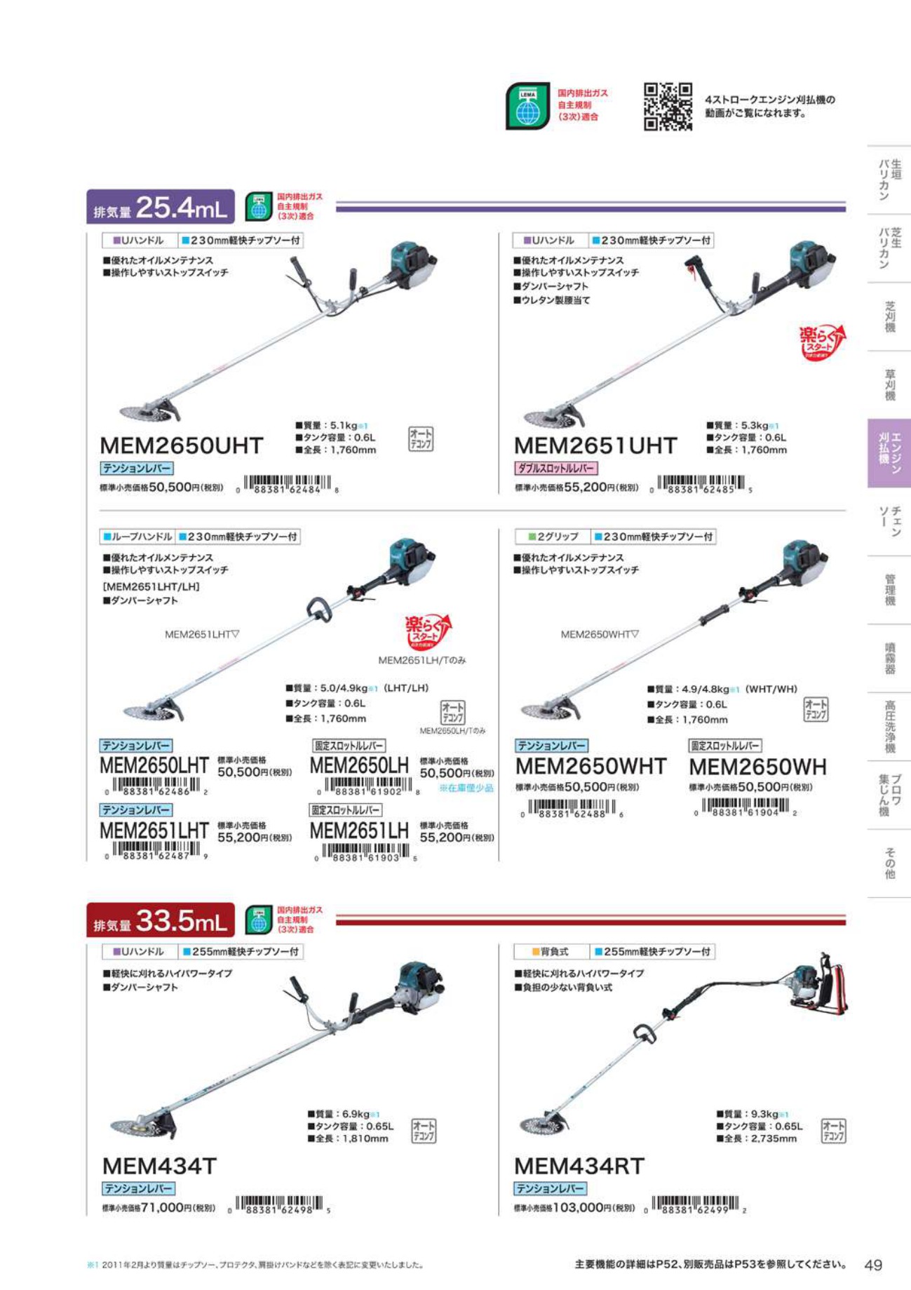 マキタ エンジン刈払機25.4mL MEM2651UHT ダブルスロットルレバー