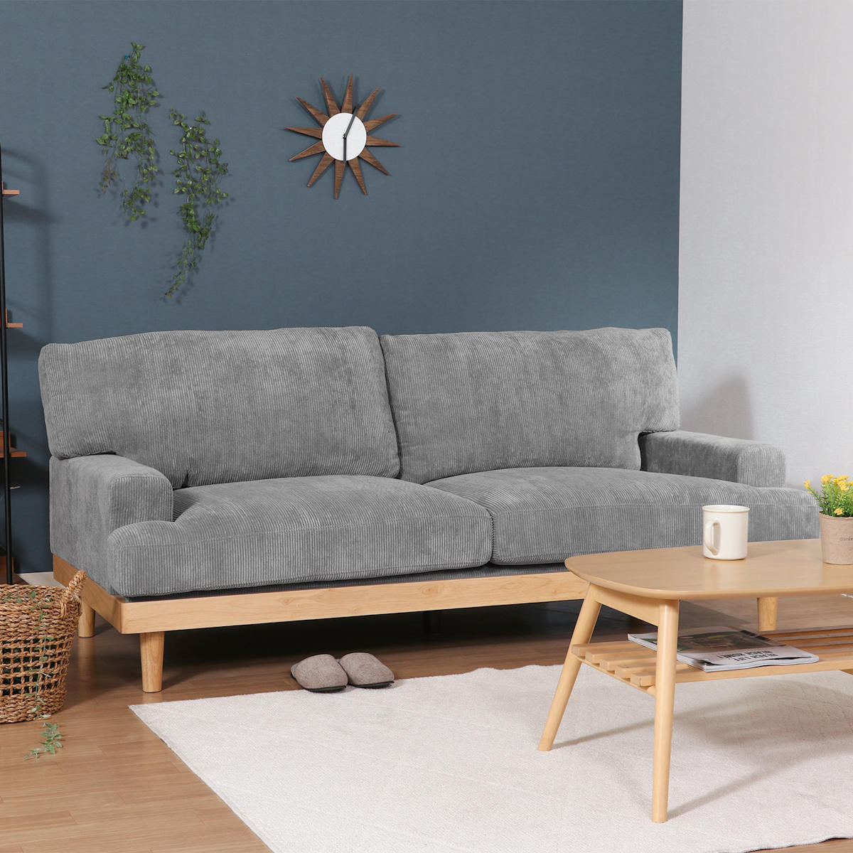 ソファ 三人掛け 幅188cm コーデュロイ ファブリック 肘掛け 脚付き