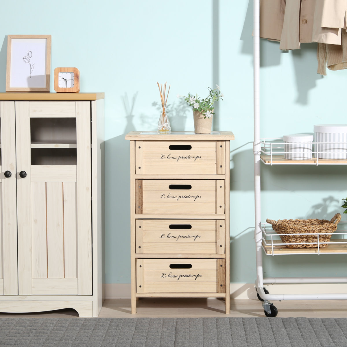 キッチンチェスト 幅40cm 4段 桐製 ストッカー タイルトップ