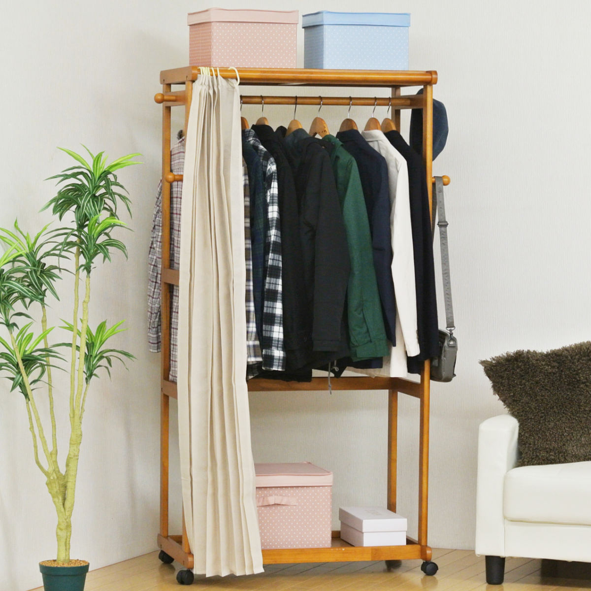 ハンガーラック カーテン付 幅92cm キャスター付 木製 （ ハンガー