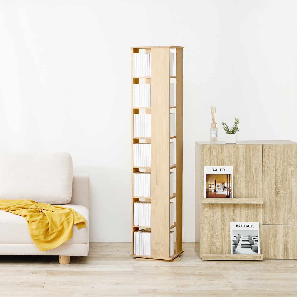 無塗装パイン材の回転式ブックラック 7段タイプ 完成品 [8164] 無塗装