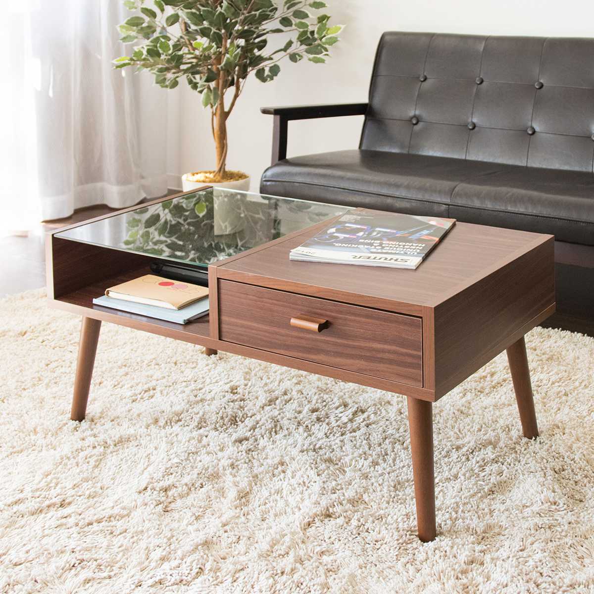 センターテーブル 幅80cm ガラス天板 収納 引き出し 木製 （ テーブル
