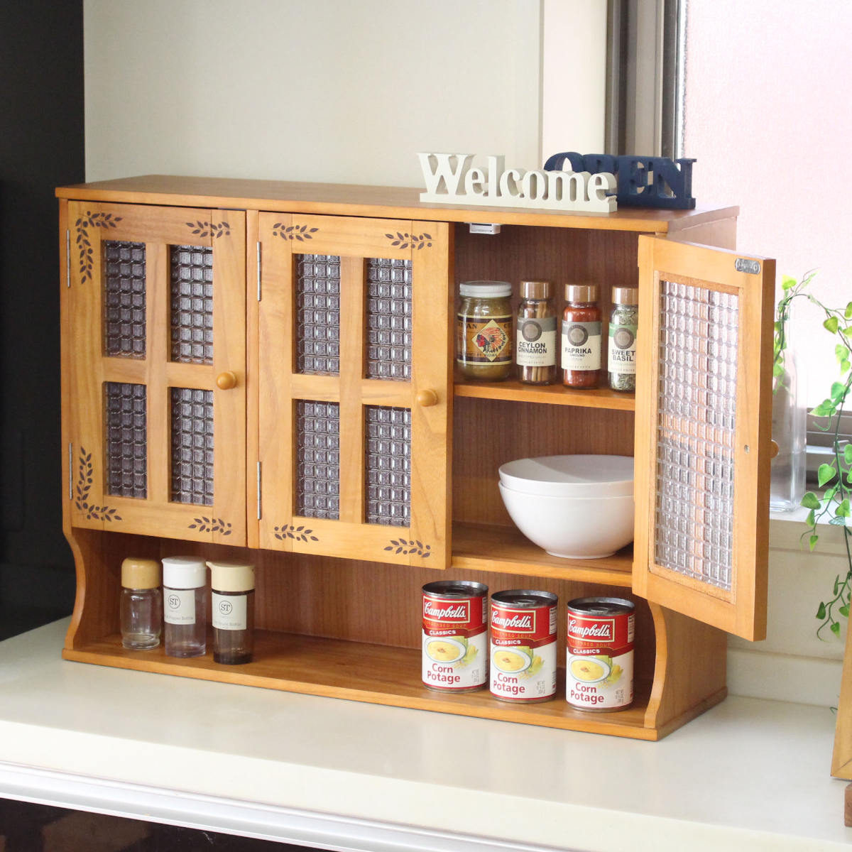 調味料ラック カウンター上調味料ラック 幅68cm リーフ柄 木製