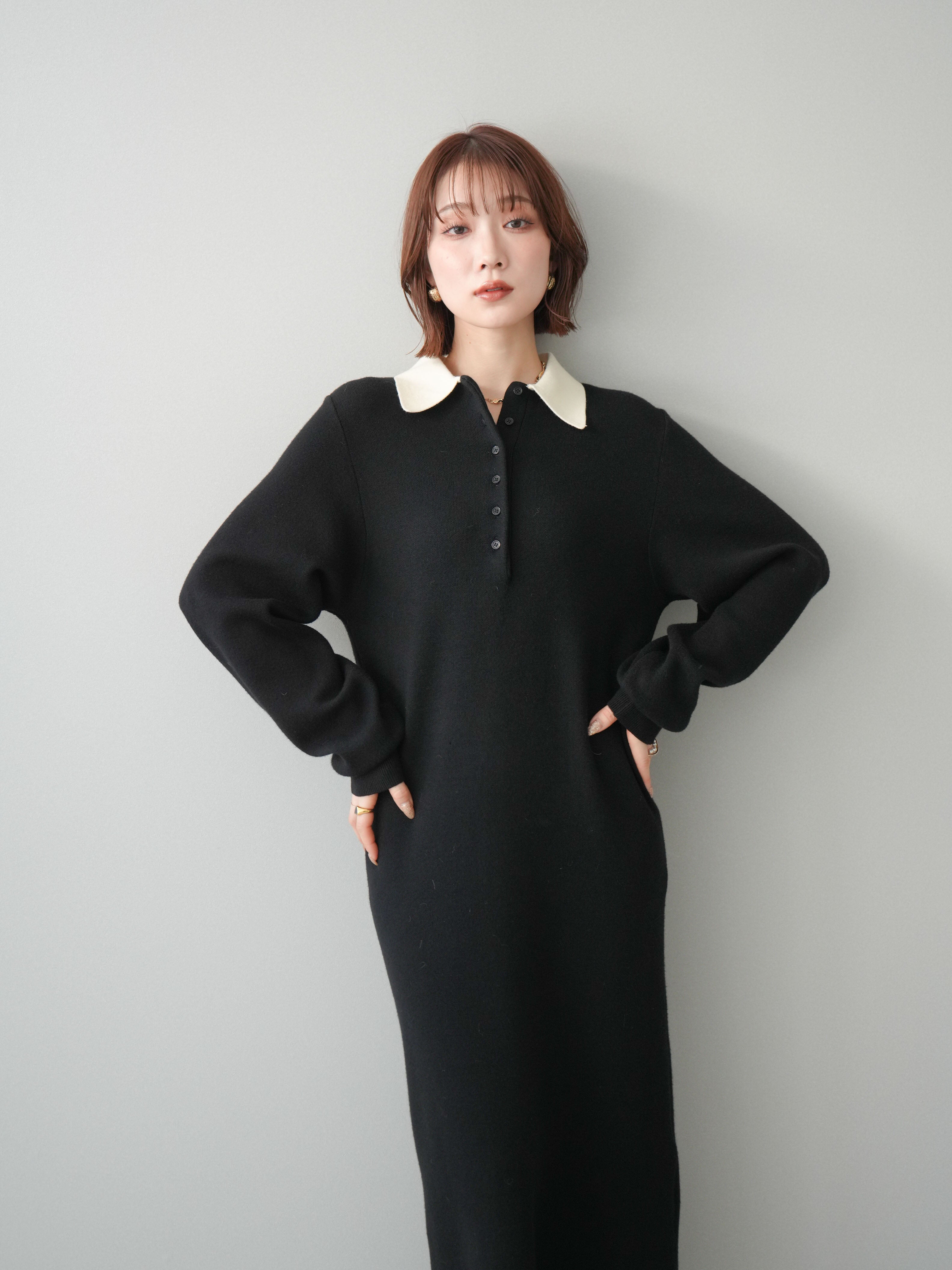 予約]配色ポロニットワンピース/black – Lumier