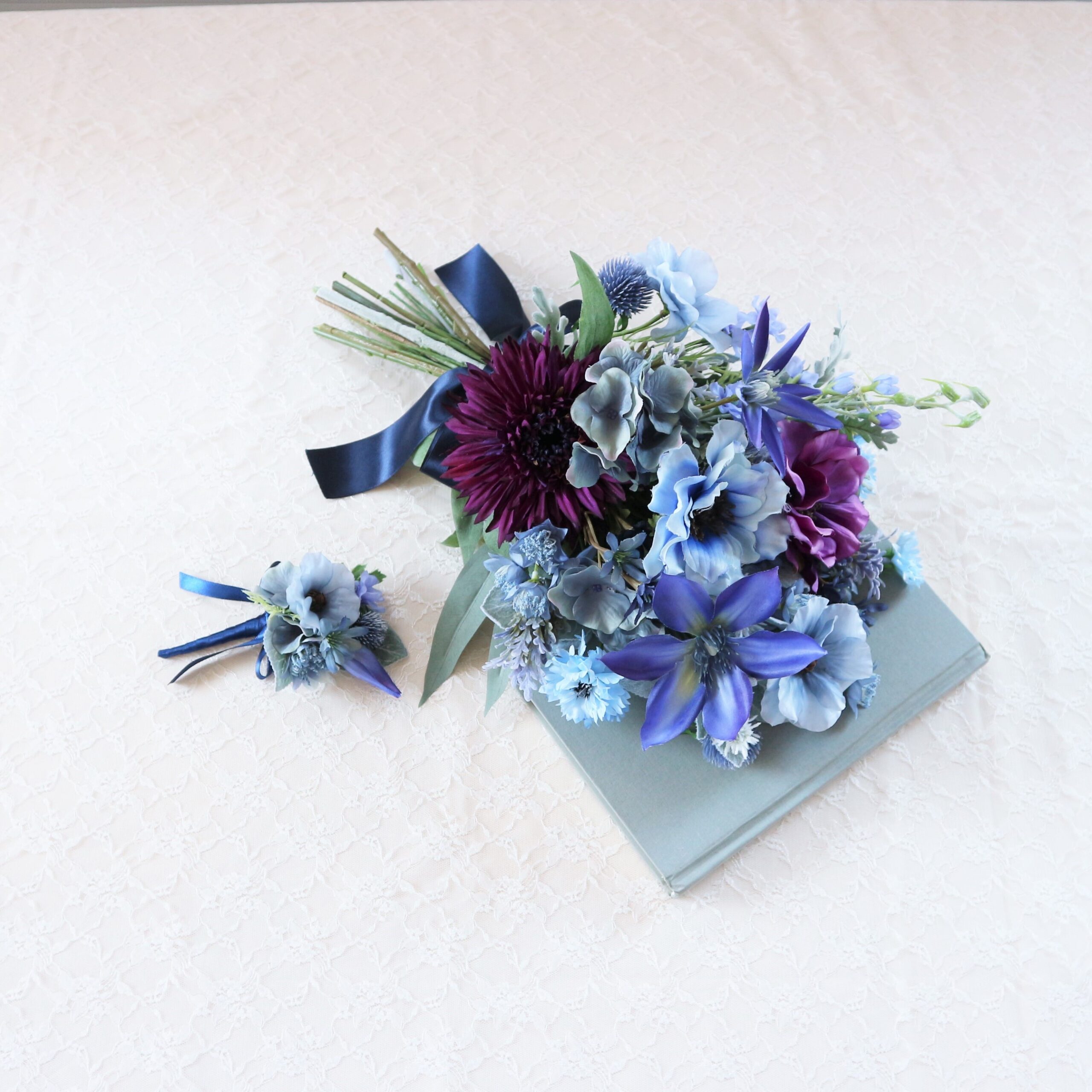 アネモネのブルーブーケ・ブートニア＆ヘッドドレスセット（オーダー品