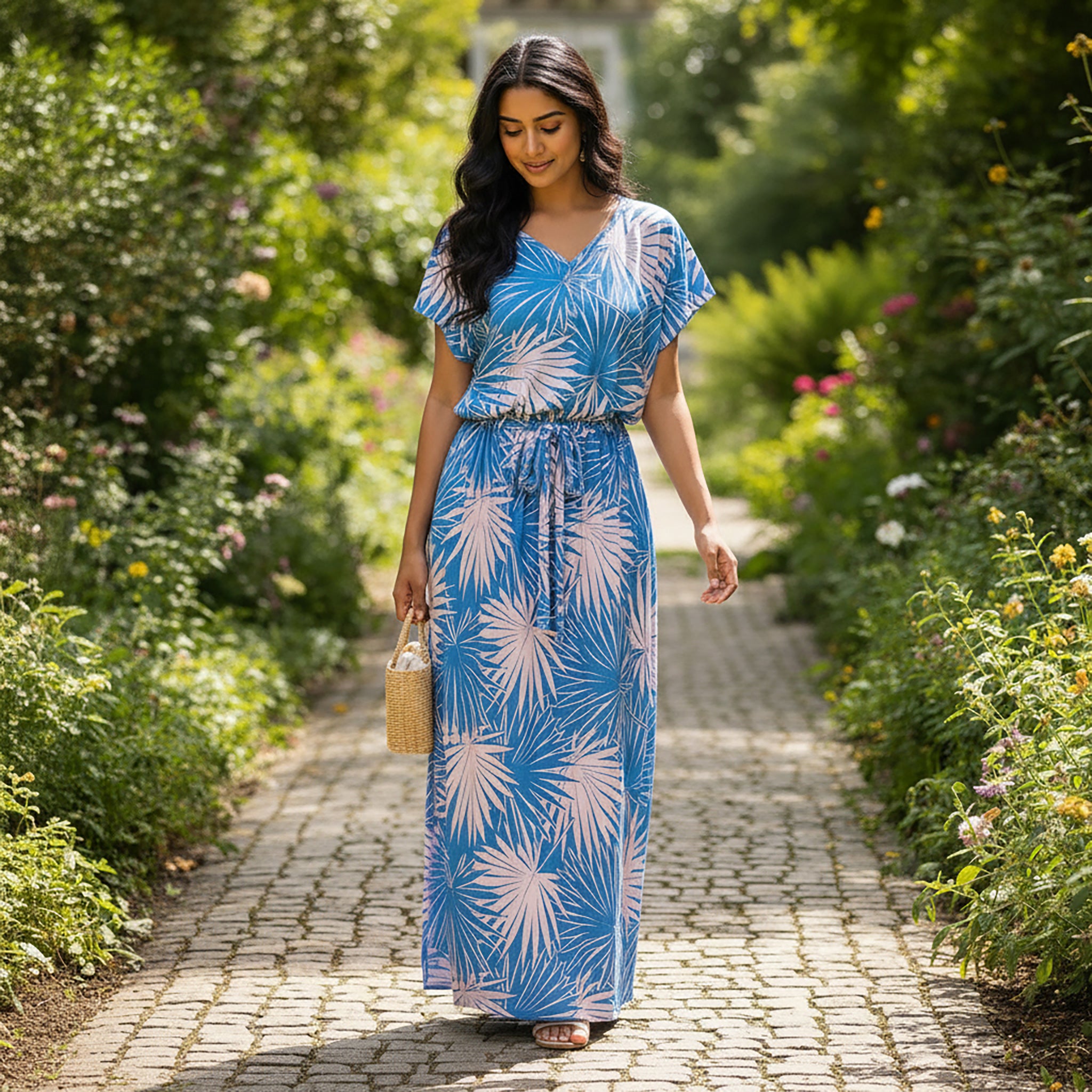 ナニプア ブラウジングロングワンピース V襟 パイナップル