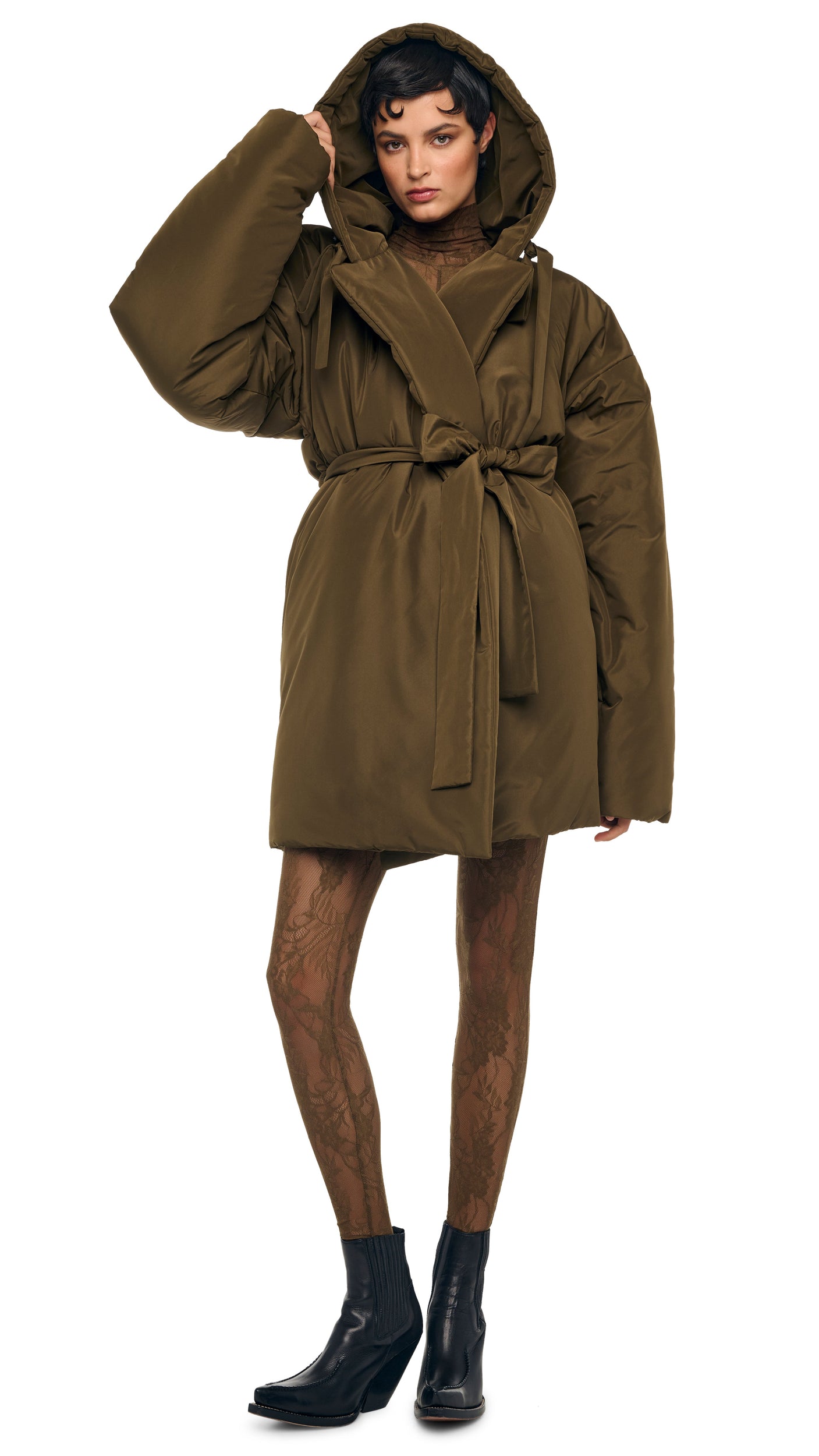 HOODED SLEEPING BAG COAT TO KNEE – Bark – Norma Kamali