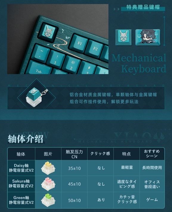 原神】ショウ 護法夜叉キーボード（キーキャップ付き）(緑軸