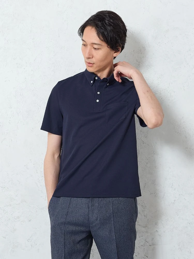 ネイビー 【高通気】レギュラー半袖ポロシャツ ホワイト/ブラック