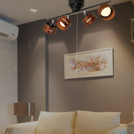 木目が印象的な照明器具、4灯スポットシーリングライトをお求めやすい