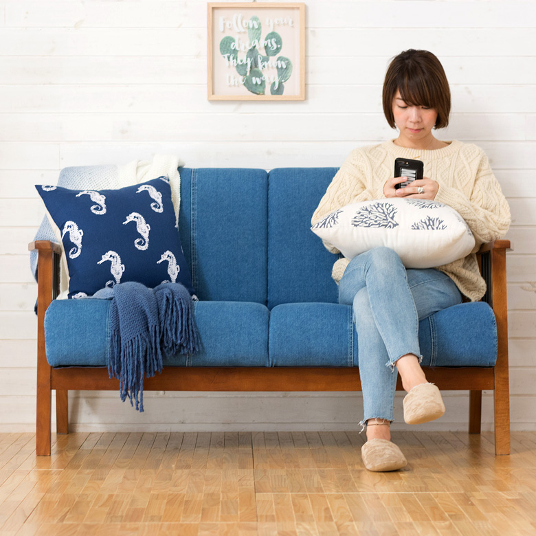 2人掛けソファ デニム生地 木製 アイアン 肘掛け 幅138cm ブルー 91188