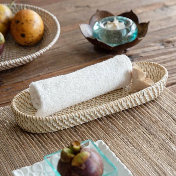 トレイ ラタン製 ホワイトウォッシュ 楕円形 約25×12cm 深さ3.5cm