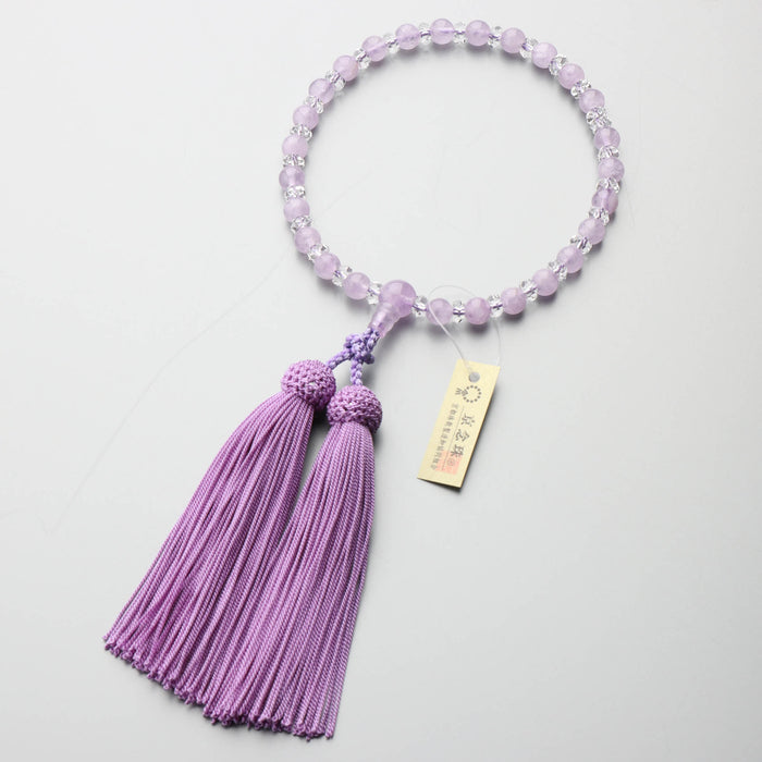 数珠 女性用 藤雲石7mm 水晶平切子コンビ 上仕立 正絹房 (藤色) — 仏壇