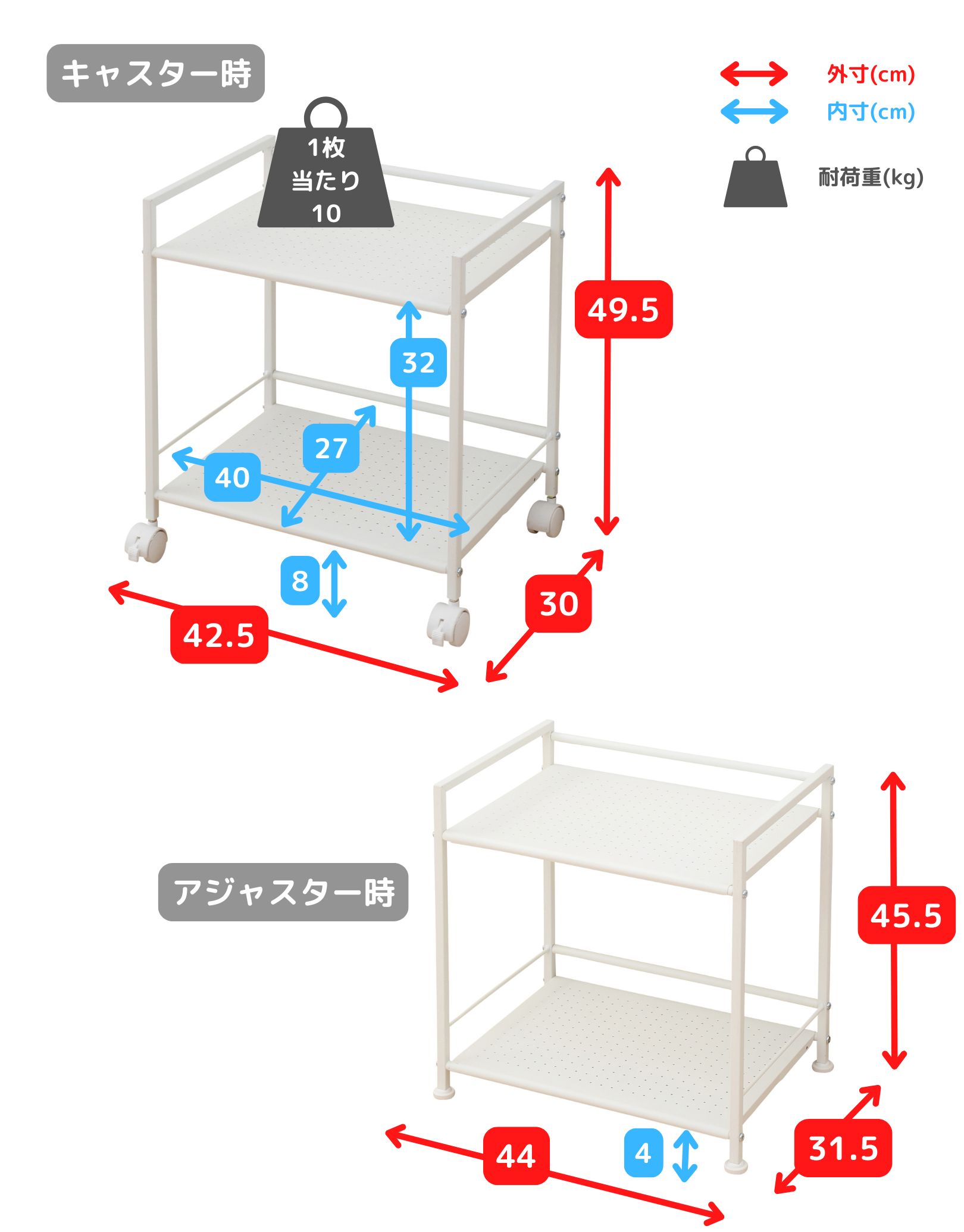 キャスター付きスチールラック 2段 3段 幅42.5 奥行30 高さ49.5/82.5cm
