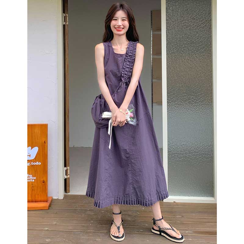 裾プリーツパープルワンピース（紫）春/夏 大人のフェミニンカジュアル
