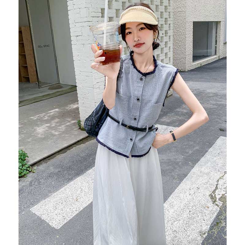 ノースリーブトップス×ロングフレアスカート（灰・白）春/夏 上品な