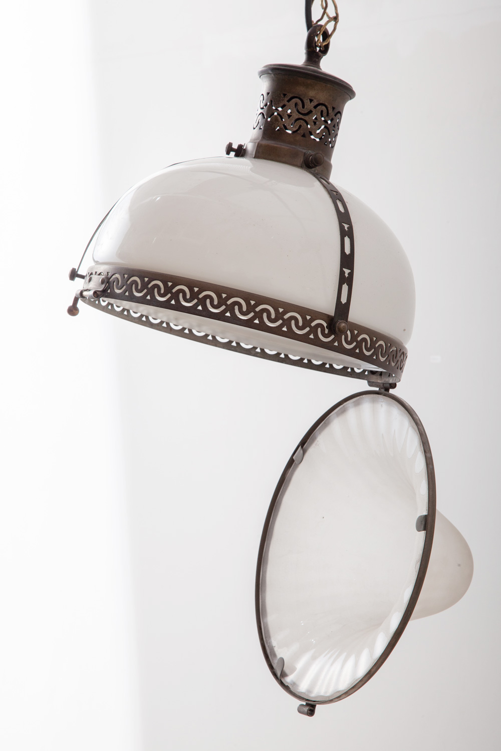 stoop | 1930s Pendant Light in Glass and Brass for Holophane