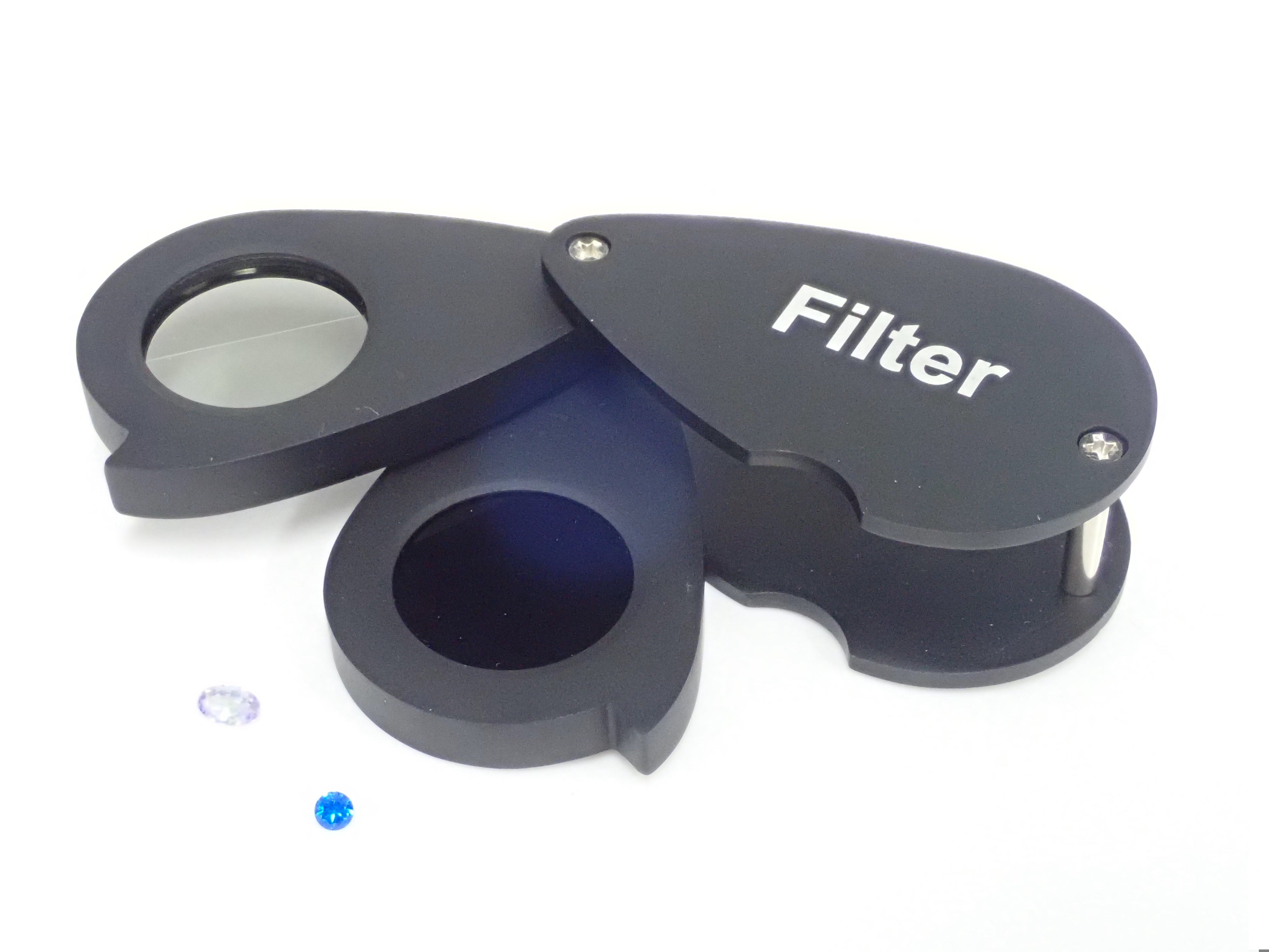 宝石商の道具「チェルシーカラーフィルター＆二色鏡」宝石3石＆説明書