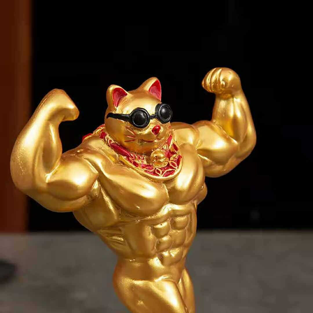 風水 インテリア | マッチョ招き猫 金色 ダブルバイセップス 開運置物