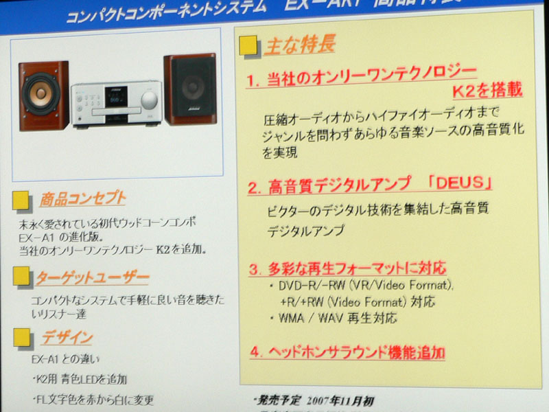 ビクター、新型ウッドコーン採用ミニコンポ「EX-AK1」