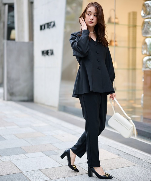 セール】【2点セット】洗える/防シワ Vネックペプラムセットアップ[S