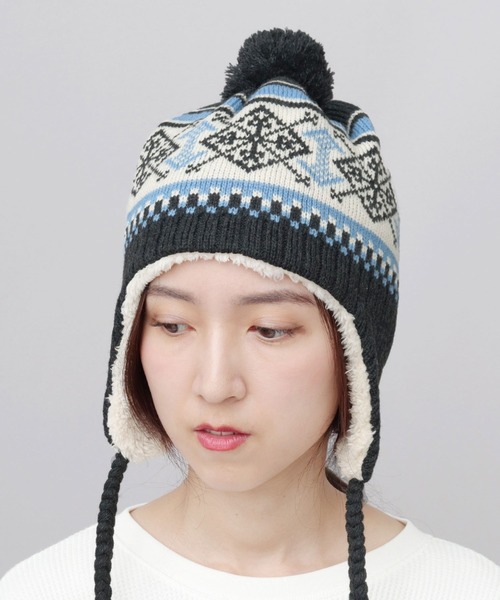 裏ボア ジャガードニットワッチ 耳当て付き ポンポン ニット帽（ニット