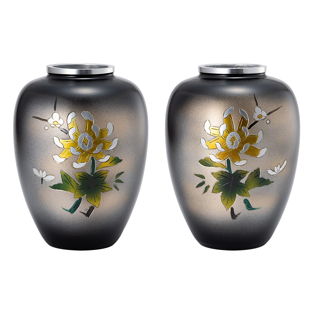 仏壇用花瓶・お盆用花瓶 アルミ製 太夏目型 菊四君子彫金入り (一対) 6