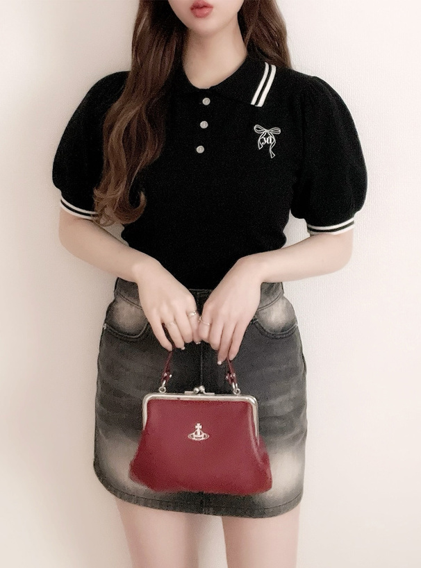 リボン刺繍配色ラインニットポロトップス[gn216] | レディース