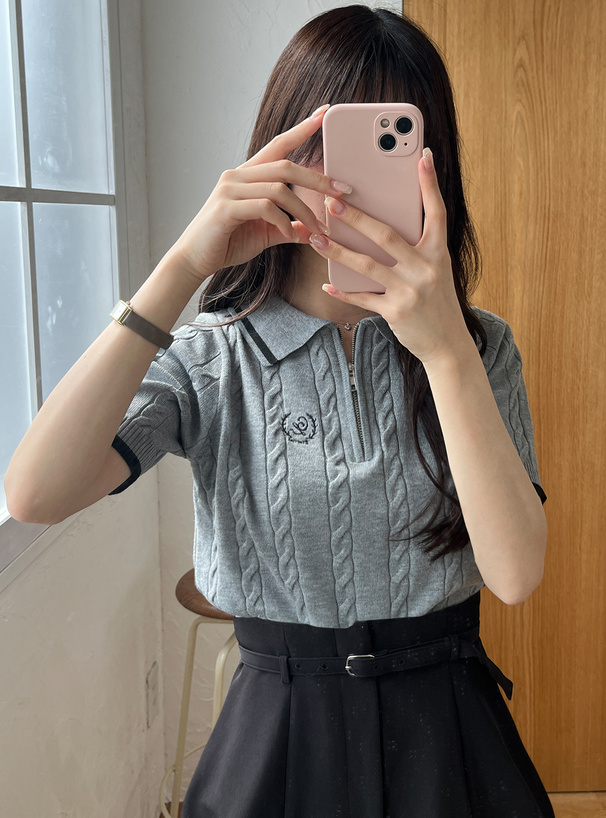 ハーフジップロゴ刺繍ケーブルニットトップス[kz537] | レディース